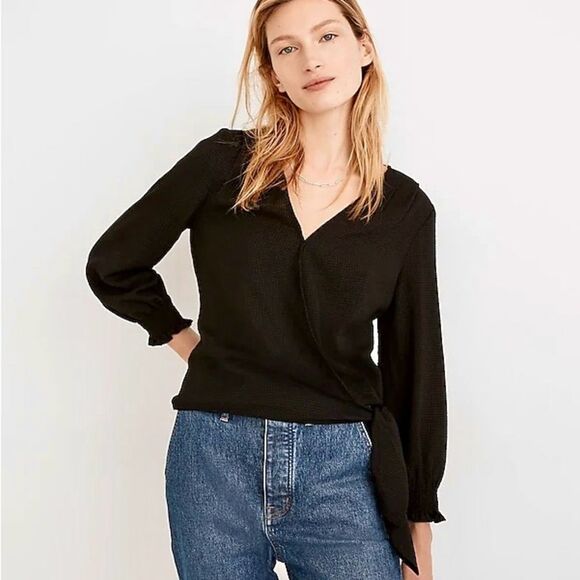 Madewell Smocked Sleeve Wrap Top Long Sleeve Rust Orange Size M - Picture 3 of 10